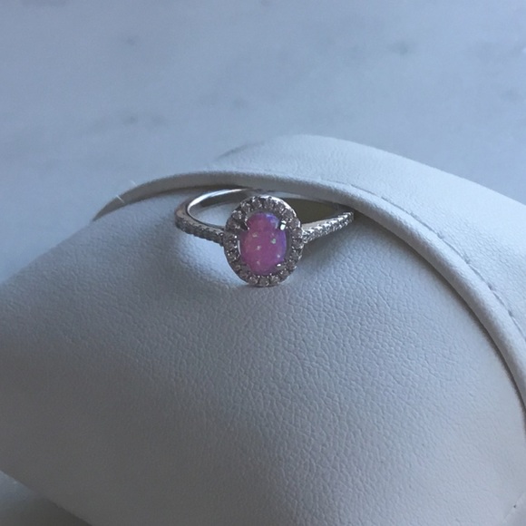 Sterling Pink Lab Opal and Clear CZ Oval Halo Ring - Picture 13 of 16